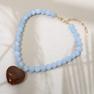 Chunky Marbled Resin Heart Charm Beaded Necklace