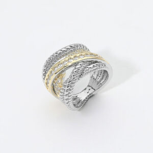 14K Gold Plated Two Tone CZ Pave Twisted Wide Band Ring