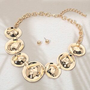 Bold Textured Metal Disc Link Statement Necklace