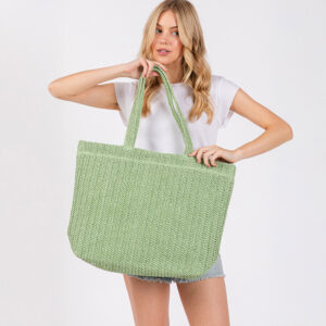 Solid Crochet Straw Tote Bag