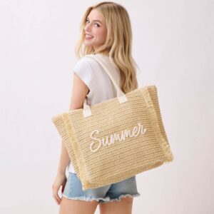 SUMMER Embroidery Woven Straw Fringe Tote Shoulder Bag