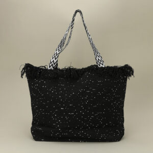 Sequin Embellished Large Woven Frayed Shoulder Tote Bag