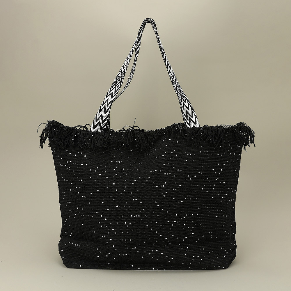 Sequin Embellished Large Woven Frayed Shoulder Tote Bag