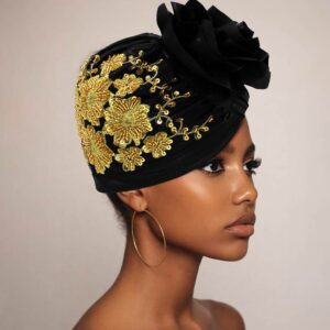 Floral Pattern Embellished Statement Turban Hair Wrap