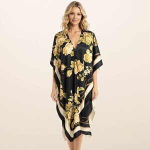 Lightweight Floral Print Satin Feel Kimono Style Long Cover Up Poncho