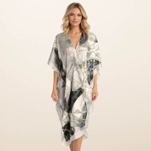 Lightweight Abstract Pattern Print Satin Feel Kimono Style Long Cover Up Poncho