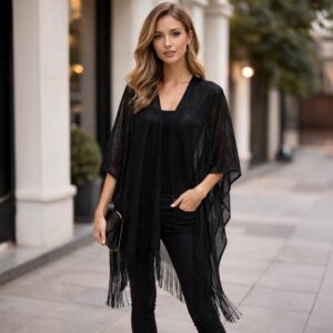 Lightweight Metallic Fringe Flowing Kimono Cover Up