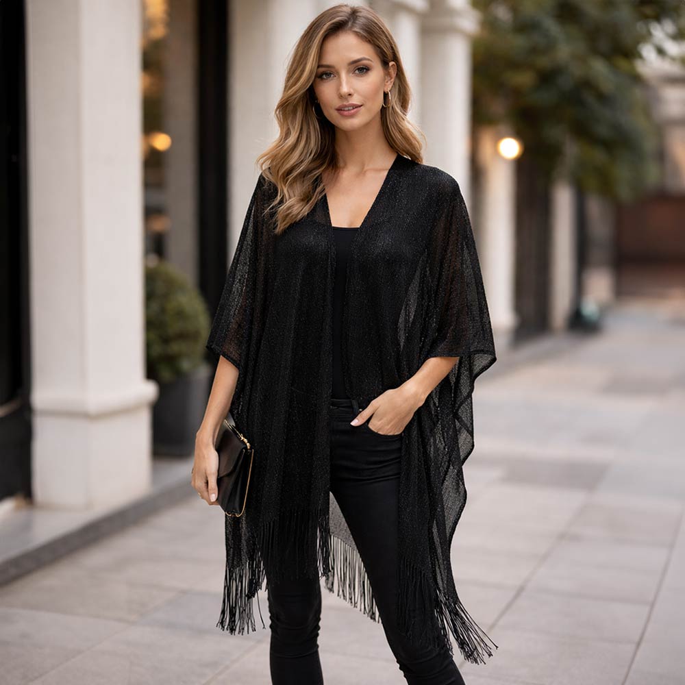 Lightweight Metallic Fringe Flowing Kimono Cover Up