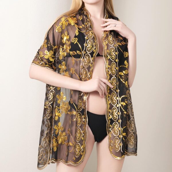 Sheer Sequin Beaded Shawl Wrap Scarf in black and gold - Modern Day Hippy Spiritual Warrior collection