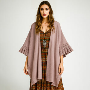 Solid Knit Open Front Punched Ruffle Sleeves Kimono Poncho in pink - Modern Day Hippy Sacred Practical collection