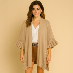Solid Knit Open Front Punched Ruffle Sleeves Kimono Poncho in taupe - Modern Day Hippy Sacred Practical collection