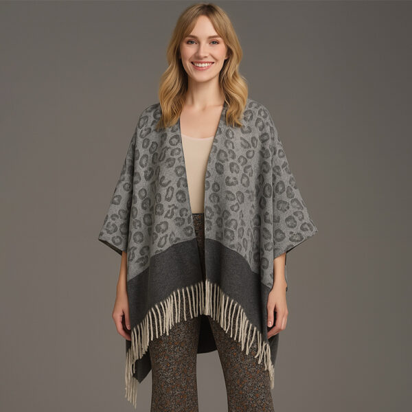 Leopard Print Open Front Fringe Hem Kimono Poncho in gray - Modern Day Hippy Conscious Rebel collection