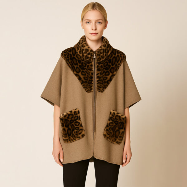 Leopard Print Fur Trim Collar Pockets Zipper Front Kimono Poncho - Modern Day Hippy Conscious Rebel collection